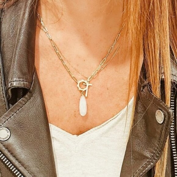 Beautiful Necklace Gemstone Pendant Gold Paperclip Chain Moonstone Labradorite - Picture 7 of 12